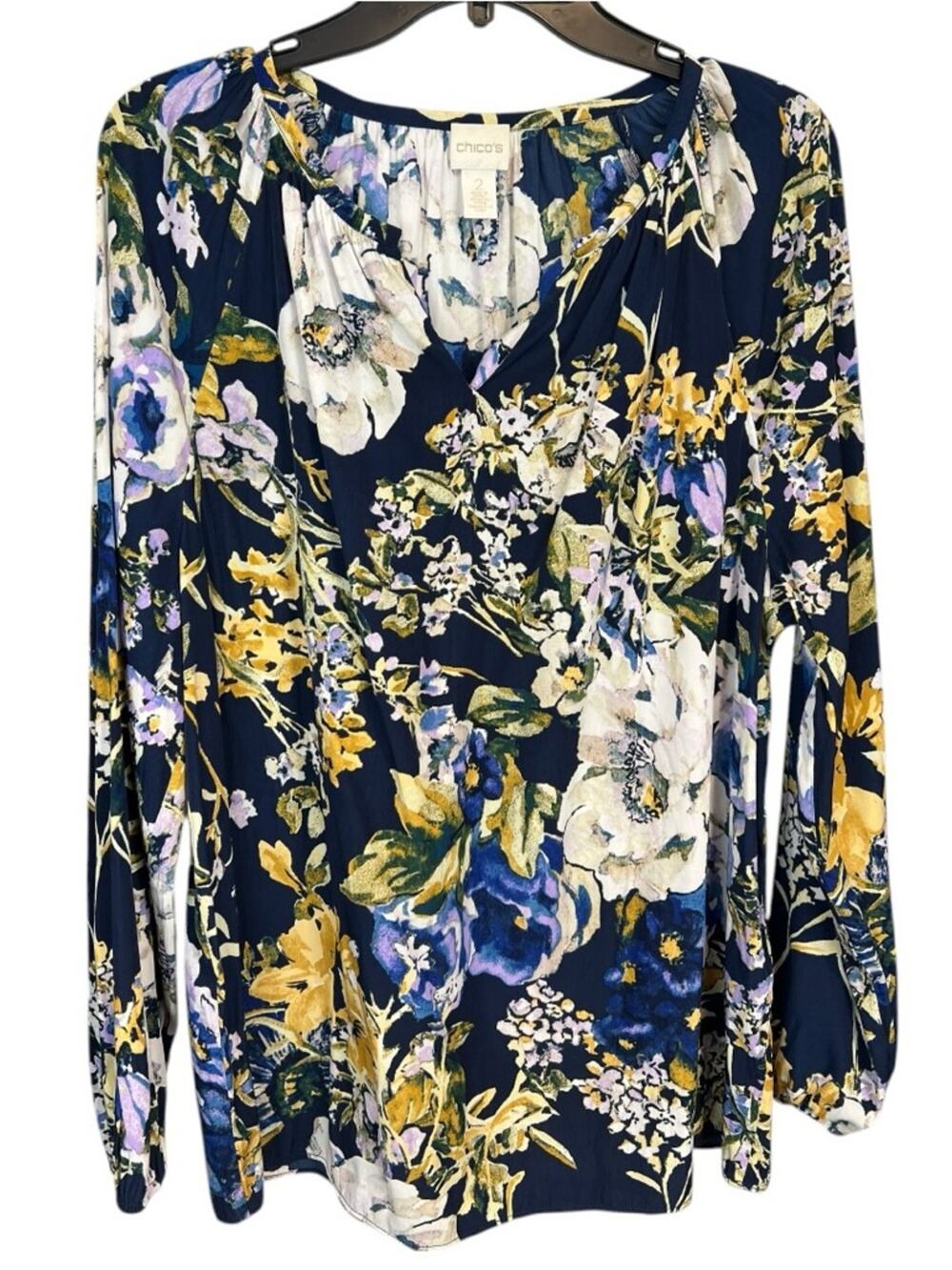 Chicos Woman Split Neck Primavera Floral Peasant Top Blue Size Chico 12